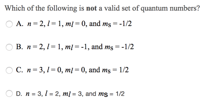 Identify the correct values for a 2p orbital